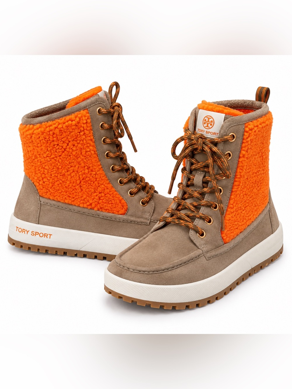 Tory Sport Orange Shearling-Trim Suede Lace-Up Boots